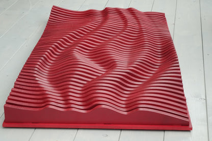 Red parametric wall art of wooden slats, wood sound diffuser, 3D wavy wall sculpture, geometric wall decor, large wall hanging