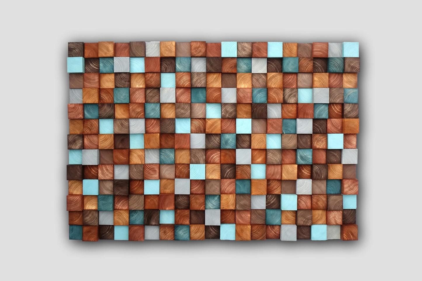 brown gray turquoise dimensional Wooden Mosaic, Textured Wooden Mosaic Wall Hanging, Modern Wood Decor Blue Brown, Modern Wooden Wall Art