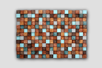 brown gray turquoise dimensional Wooden Mosaic, Textured Wooden Mosaic Wall Hanging, Modern Wood Decor Blue Brown, Modern Wooden Wall Art