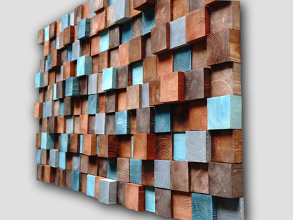 brown gray turquoise dimensional Wooden Mosaic, Textured Wooden Mosaic Wall Hanging, Modern Wood Decor Blue Brown, Modern Wooden Wall Art