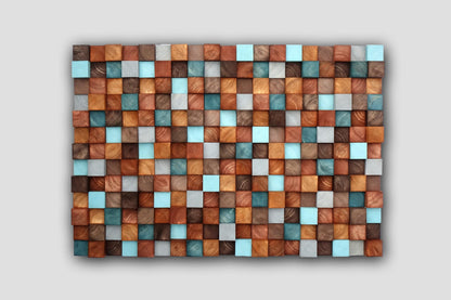 Textured Wooden Wall Art, Mosaic Wall Hanging, contemporart Blue Brown Wooden Wall Art, brown gray turquoise dimensional modern wall decor