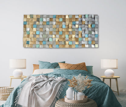 Earth tone wall art, smoky gray, sand, grayish brown with silver and golden tones, turquoise, green, sky blue, textured 3D wood wall decor