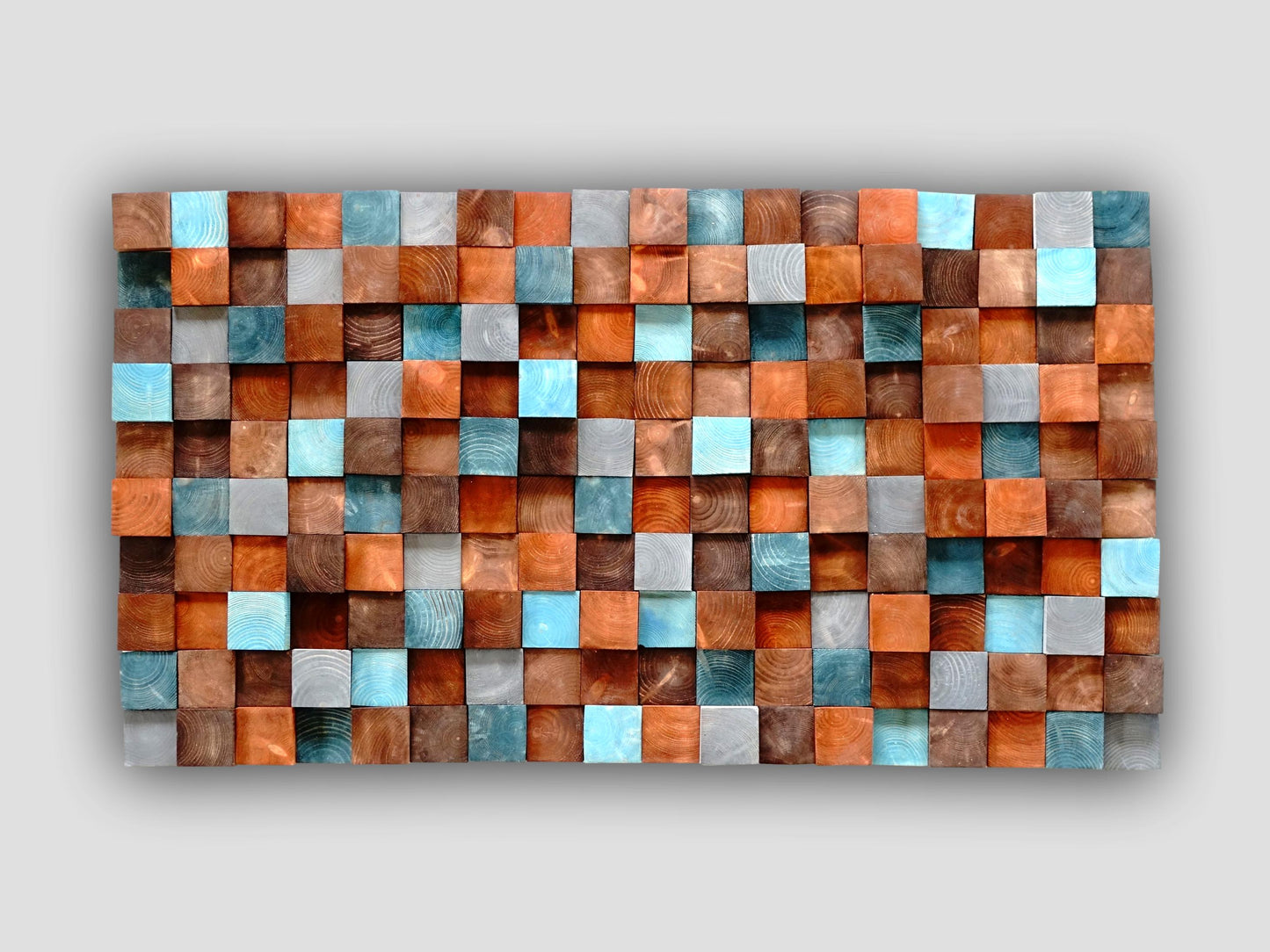 brown gray turquoise dimensional Wooden Mosaic, Textured Wooden Mosaic Wall Hanging, Modern Wood Decor Blue Brown, Modern Wooden Wall Art