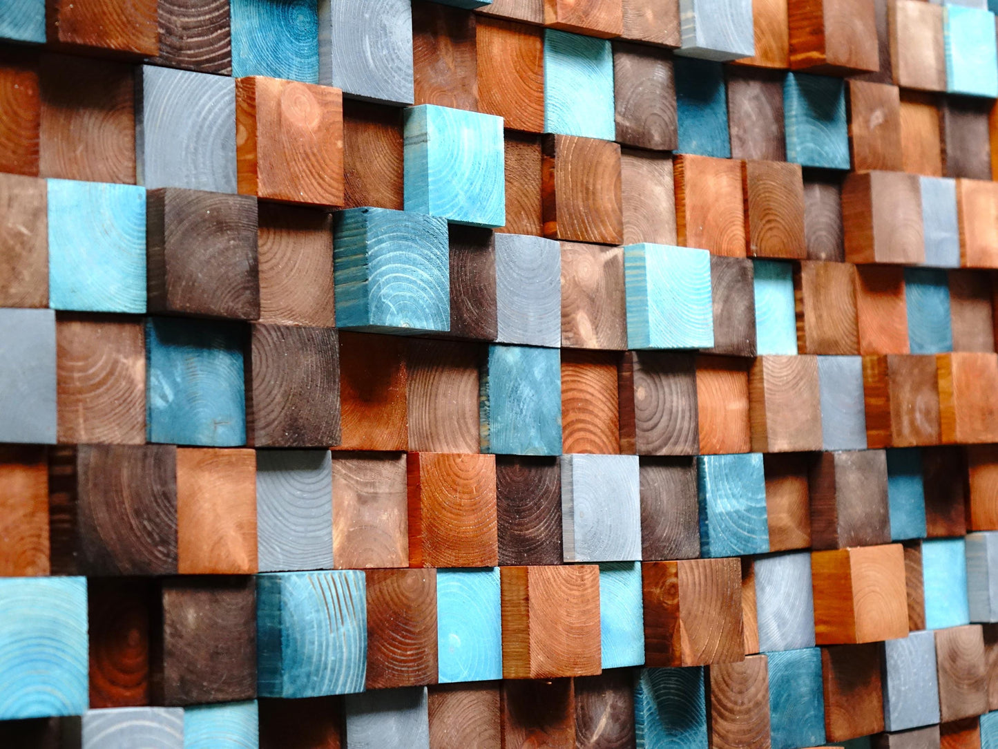 Textured Wooden Wall Art, Mosaic Wall Hanging, contemporart Blue Brown Wooden Wall Art, brown gray turquoise dimensional modern wall decor