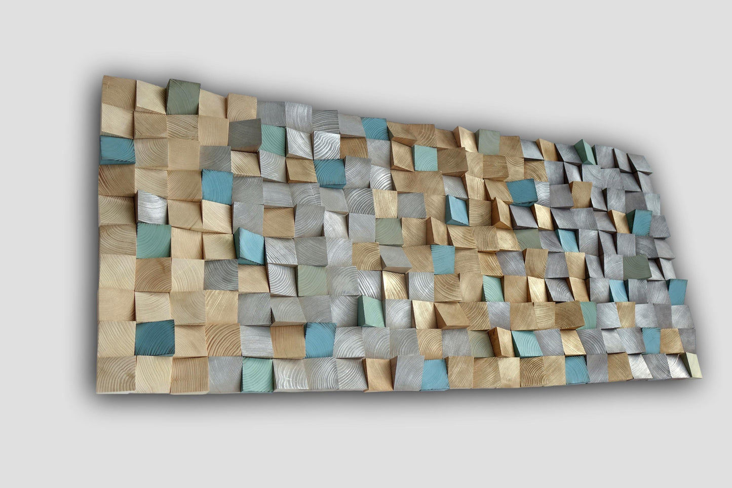 Earth tone wall art, smoky gray, sand, grayish brown with silver and golden tones, turquoise, green, sky blue, textured 3D wood wall decor