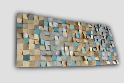 Earth tone wall art, smoky gray, sand, grayish brown with silver and golden tones, turquoise, green, sky blue, textured 3D wood wall decor