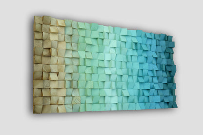 Gradient blue green brown wooden wall art, ombre hanging geometric sculpture with dimensional layers and modern abstract 3D design