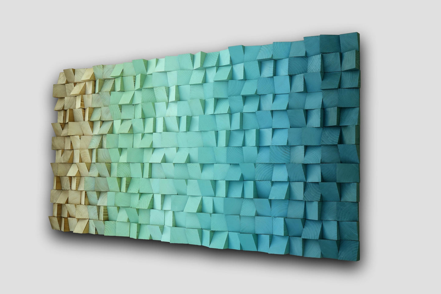 Gradient blue green brown wooden wall art, ombre hanging geometric sculpture with dimensional layers and modern abstract 3D design