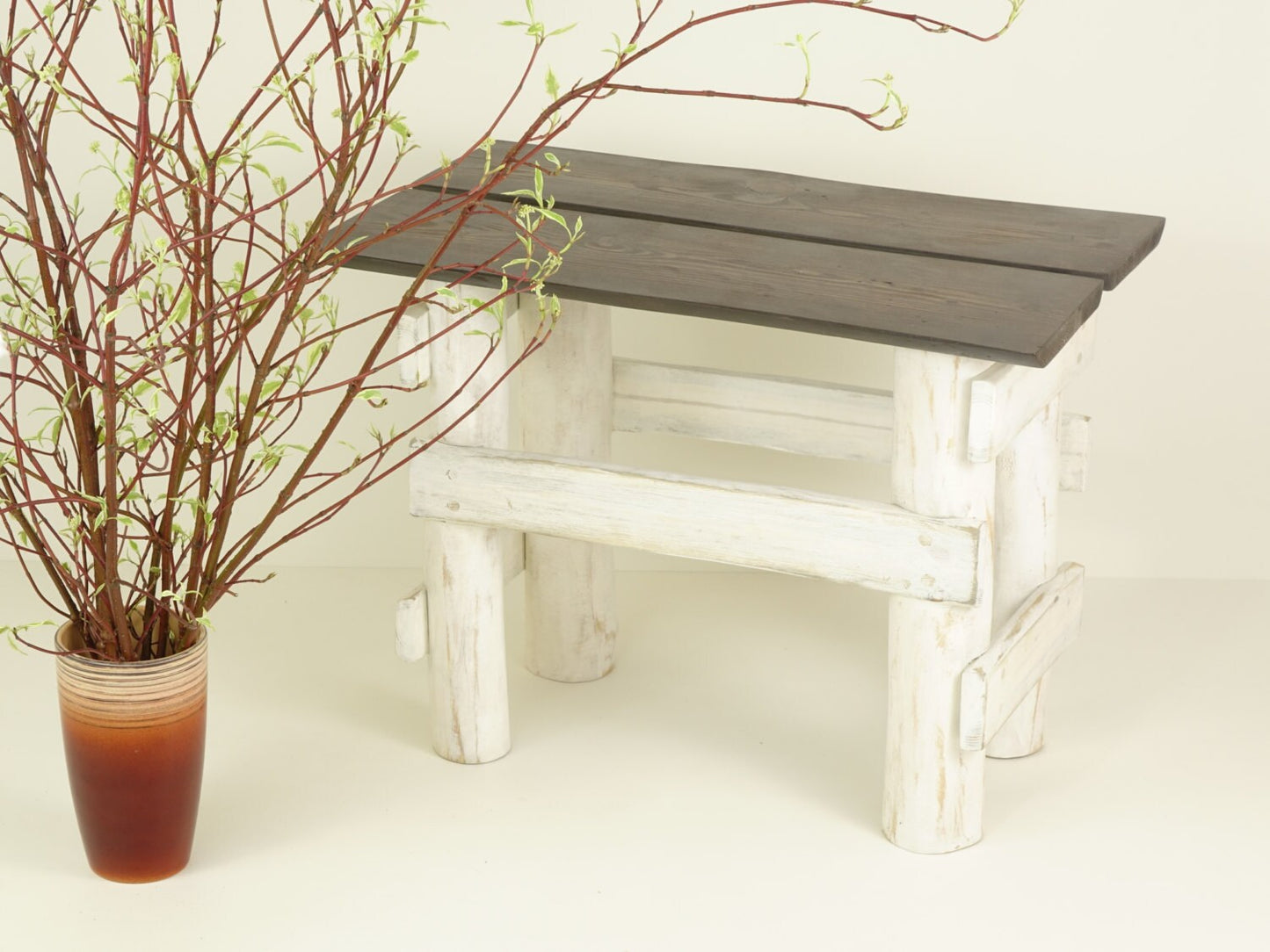 Handmade wooden bench table of reclaimed planks top Bank Couchtisch banc table basse
