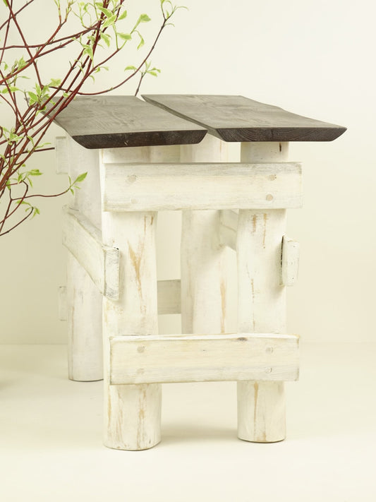 Handmade wooden bench table of reclaimed planks top Bank Couchtisch banc table basse